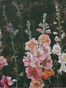 Fleurs roses sur fond vert foncé