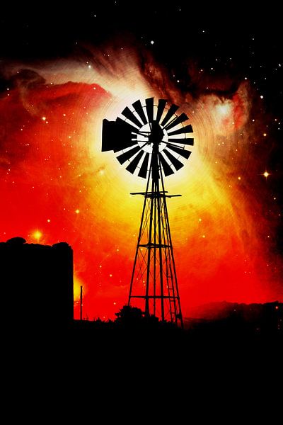 a water pump windmill at sunrise mixed media by Werner Lehmann