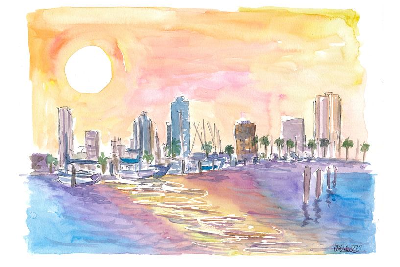 St. Petersburg Florida Golden sunset in harbor with skyline by Markus Bleichner