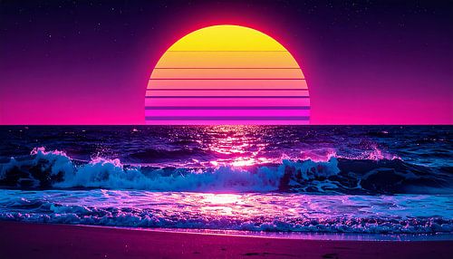 Neon Strand mit Sonnenuntergang von Mustafa Kurnaz