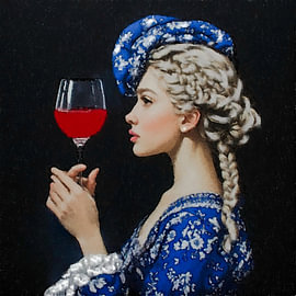 Ein Porträt einer jungen Frau mit einem Glas Rotwein – Holländische Meister, Kunst des 21. Jahrhunderts, Delfter Blau. von Studio Jet