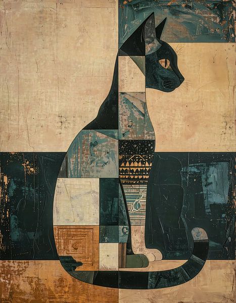 Poster vintage chat en bleu foncé, or et beige - droite par Emiel de Lange
