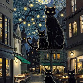 Zwarte katten onder de lantaarnpaal van Erika Kaisersot