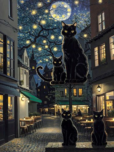Zwarte katten onder de lantaarnpaal