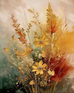 Gouden herfst schilderij: Bloemen en grassen van Studio Pieternel