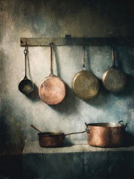 Koperen pannen in de keuken