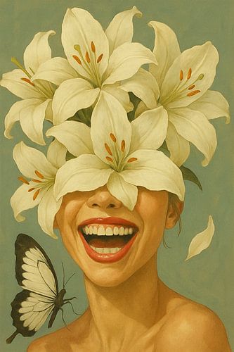 Vrouw met bloemen en lach – kunst met witte lelies en vlinder