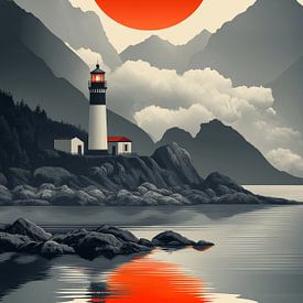 Leuchtturm bei Sonnenuntergang mit Bergen von Robby Akrim