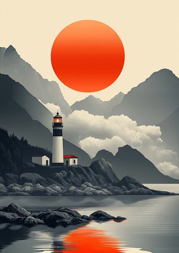 Leuchtturm bei Sonnenuntergang mit Bergen