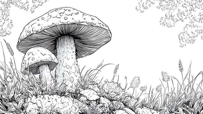 Illustration de champignons en noir et blanc riche en détails par Frank Heinz