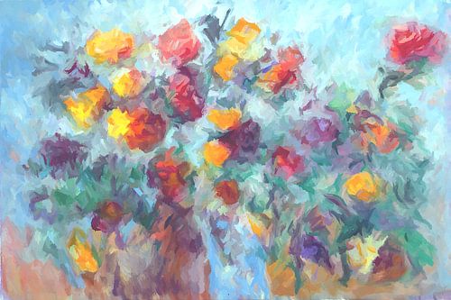 flowers in blue vase, beautiful wall decoration