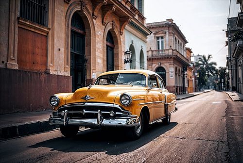Classic yellow vintage car on a street in Cuba