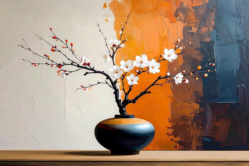 Japandi Art painting: Elegant vase with cherry blossom by Studio Pieternel
