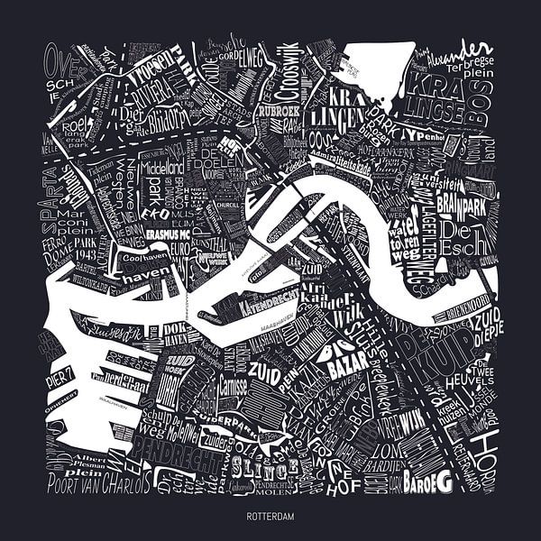 Map of Rotterdam as a map with street names - black by Vol van Kleur