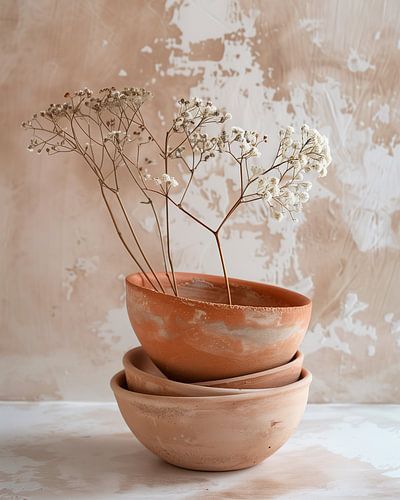 Douceur et équilibre d'une nature morte en terre cuite avec des fleurs séchées sur Dutch Art Works