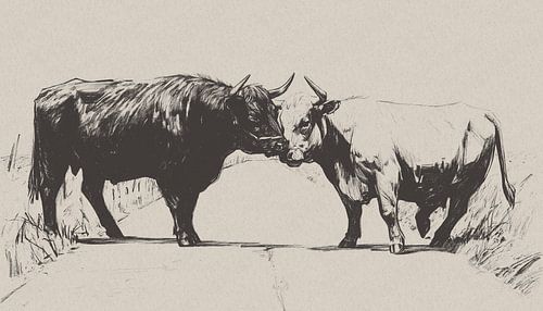 Twee hooglander koeien zijn aan het stoeien