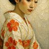 Japanse geisha in kimono ( schilderij klassiek portret vrouw dikke verf zen rustig neutraal zachte kleuren goud) van Natalie Bruns