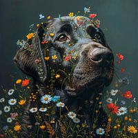 Labrador with colourful wildflowers