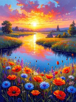 Sonnenuntergang über Seenlandschaft, Blumenwiese mit Wildblumen von AidasignArt