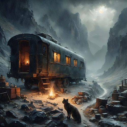 A discarded railway carriage in the mountains