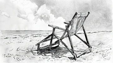 Scène de plage avec chaise en bois vide sur Frank Heinz
