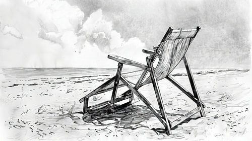 Strandscène met lege houten stoel
