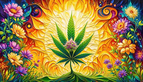 Cannabis in de zonsondergang: Een blad in het licht van de vlammende zon - Van de heilige bloem tot de bloemrijke visie van een hennepplant