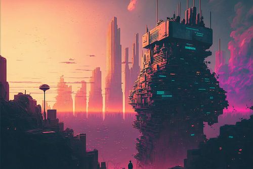 Sunrise in futuristic city, vaporwave, retro-futurism by Hive Arts Studio