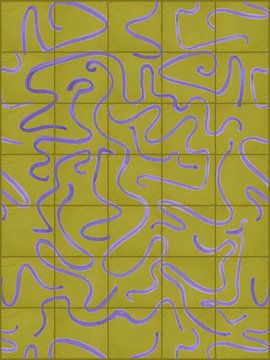 Modern en abstracte lijnen op een tegelpatroon, olijf en lila van Mijke Konijn
