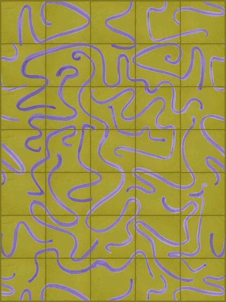 Moderne und abstrakte Linien auf einem Fliesenmuster, oliv und fliederfarben von Mijke Konijn
