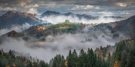 Foggy autumn landscape in Slovenia by Frans van der Boom