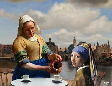 Vermeer Milchmädchen und Mädchen mit dem Perlenohrring zu Ansicht von Delft von Miauw webshop