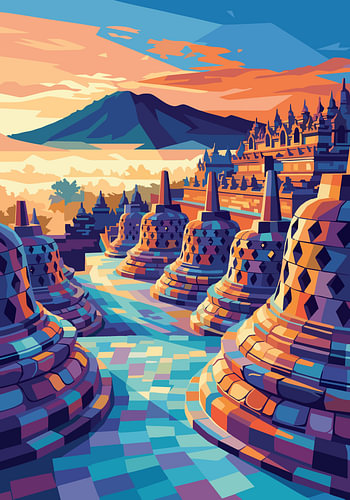Borobudur-Tempel – WPAP-Pop-Art-Illustration – Metallposter