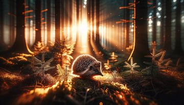 Salutations matinales du hérisson dans la forêt de lumières sur artefacti