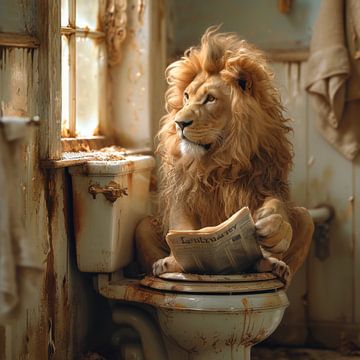 Lion reading a newspaper on the toilet - Humorous toilet poster by Felix Brönnimann