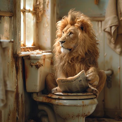 Lion lisant le journal dans les toilettes - Poster WC humoristique