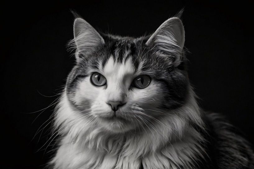 Zwart-wit close-up portret van een kat van Art & Soul Creations