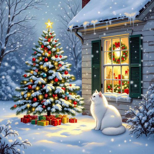 White cat Mochi by the Christmas tree in the garden