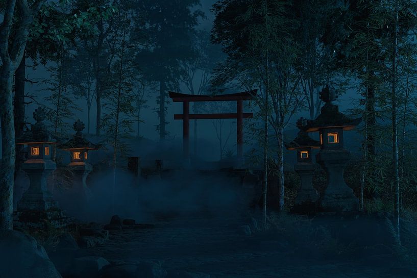 Sanctuaire japonais avec porte d'entrée en forme de torii rouge, la nuit par Besa Art
