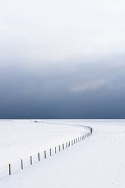 Un paysage hivernal vide et enneigé dans le parc national de Lauwersmeer. À l'horizon, de sombres nu sur Bas Meelker