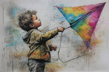 Graffiti schilderij jongen met vlieger - kleurrijk street art van BowiScapes abstract en digitale kunst