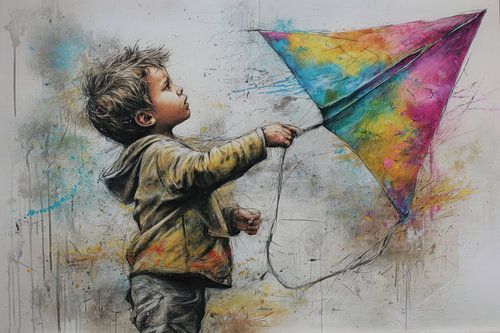 Graffiti schilderij jongen met vlieger - kleurrijk street art