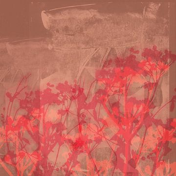 Wild flowers in neon red, soft pink on terracotta brown. by Dina Dankers