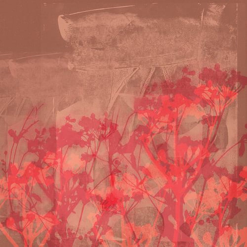 Wilde bloemen in neonrood, zachtroze op terracotta bruin.