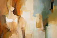 Modern abstract portret in aardetinten met een blauw accent.