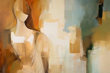 Portrait abstrait moderne dans des tons de terre avec un accent bleu. sur Carla Van Iersel