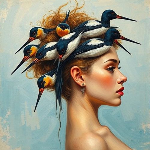 Grutto ode aan art vrouw met vogel kapsel.