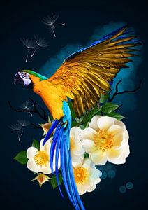 Blue-yellow macaw with roses