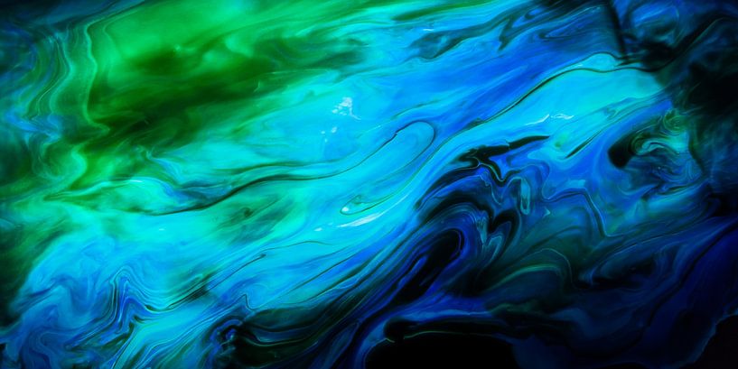 panorama of liquid colors, green and blue by Marjolijn van den Berg