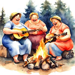 3 gesellige Damen musizieren am Lagerfeuer von De gezellige Dames